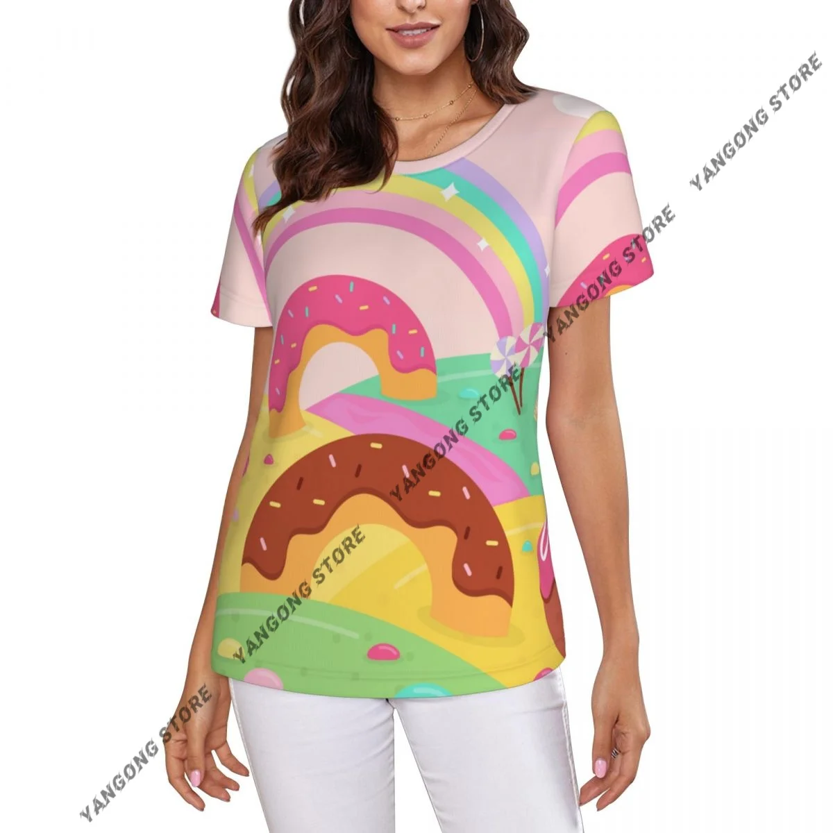 Womens Short Sleeve Candy Land Style Casual Tee Clothing Crewneck Woman T-Shirts