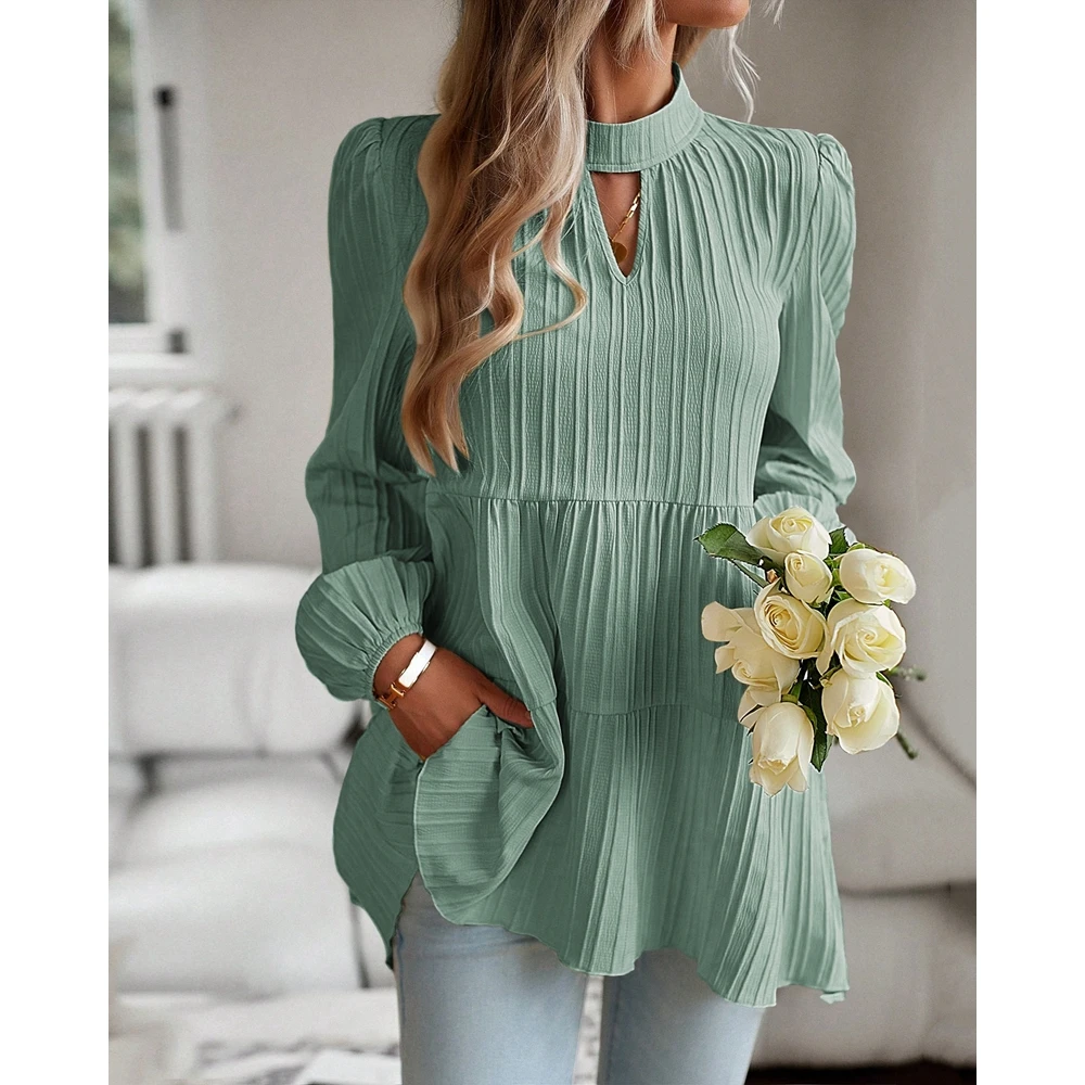 2024 Spring Women Ribbed Ruched Fold Round Neck Cut out Lantern Sleeve Blouse Fashion Femme Casual Solid Elegant Top Streetwear