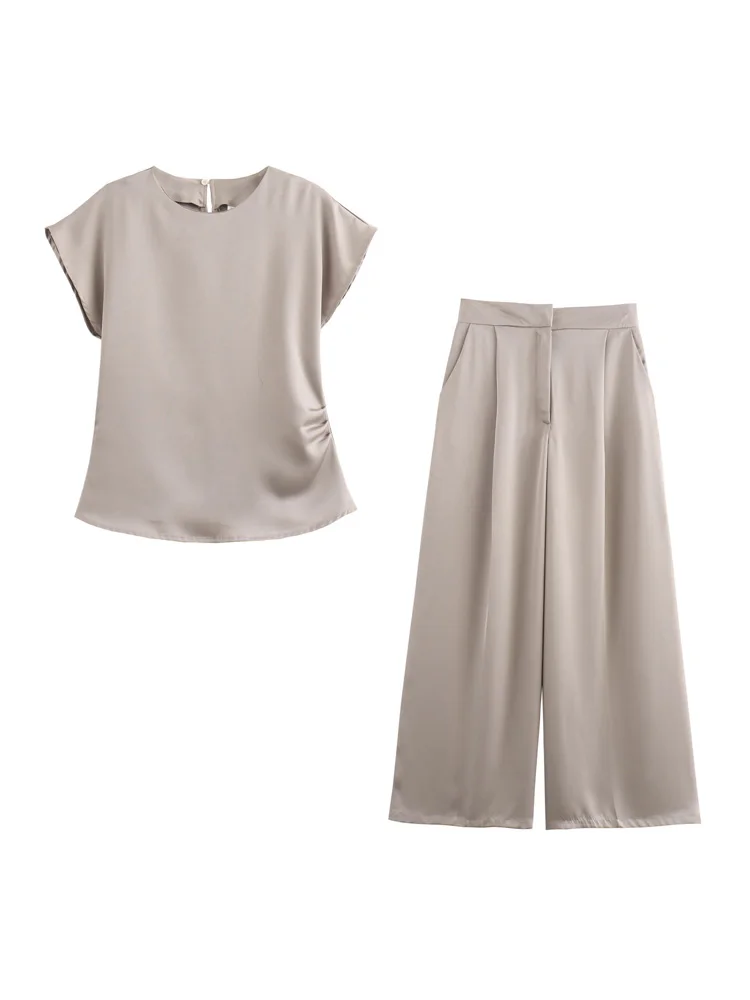 

KAOPU ZA Women with side pleats satin top and front pockets high-waist wide-leg trousers two pieces sets mujer