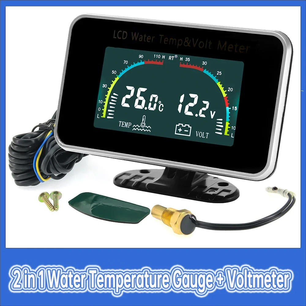 

2 in 1 LCD Gauge Water Temperature Gauge + Voltmeter with Joint Pipe Adapter 1/8NPT Auto Digital Meter for 12v24v Vehicles