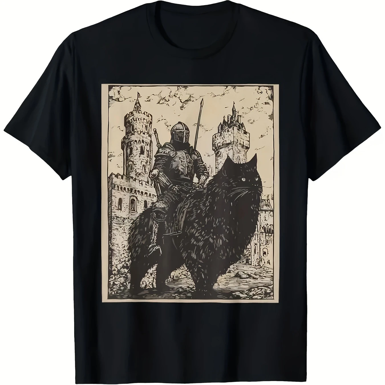 

Vintage Medieval Heavy Armor Knight Riding Black Cat T-Shirt 100% Cotton O-Neck Short Sleeve Summer Casual Mens T-shirt