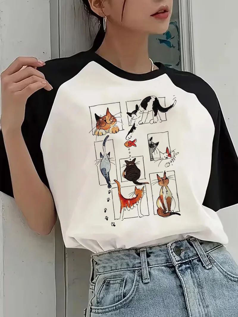 Women's Short-Sleeved T-shirt with Illustrations Multiple Cats in Funny Poses 90s Casual T Shirt Graphic Y2k Tshirt Clothes