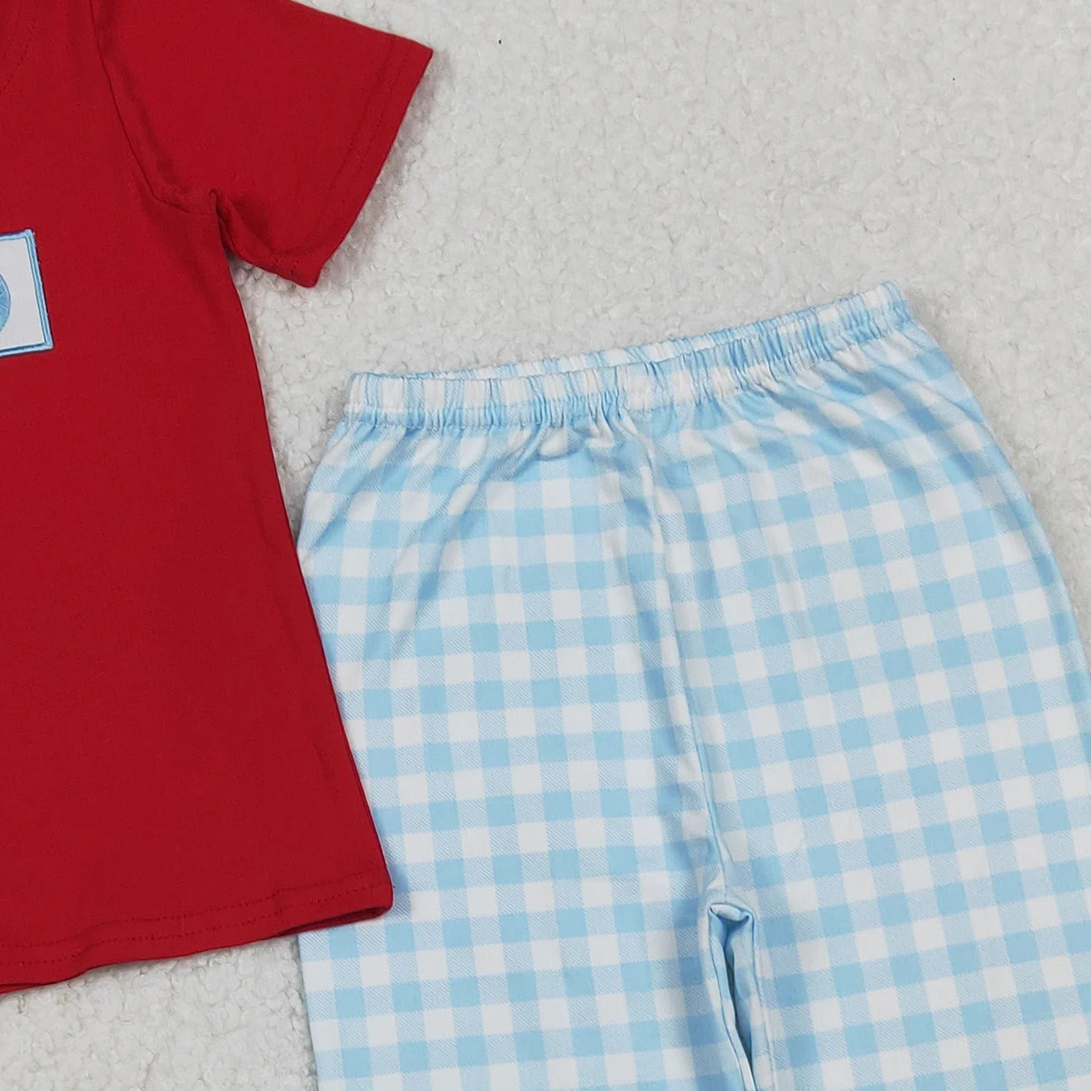 قمصان للأولاد الصغار مطرزة بالقطن الأحمر "I Love Dad" وسراويل مربعة طقم ملابس منقوشة لملابس الأولاد الصغار