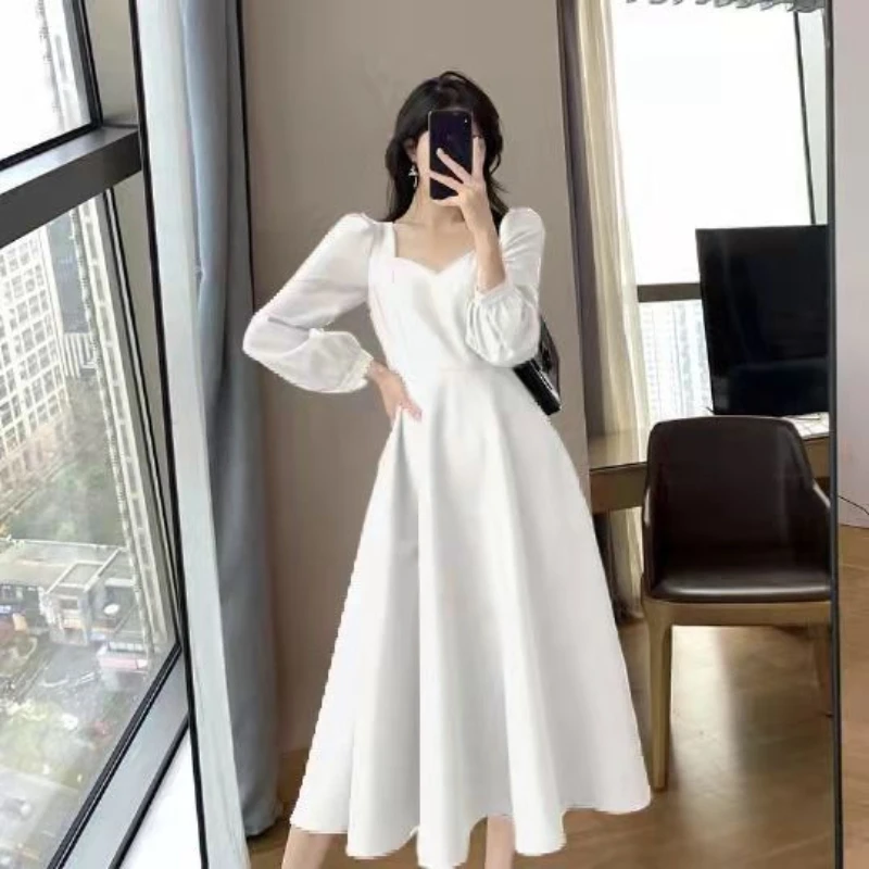 

Hepburn Style Women Spring Autumn Now Vintage V-Neck Over the Knee Long Dress Temperament Lantern Sleeve Corset Elegant Dress