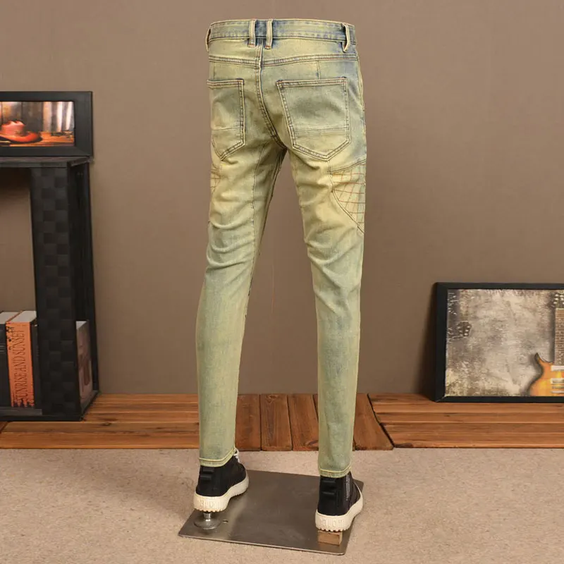 Calça jeans retrô lavada para motociclista masculina, elástica, ajuste magro, jeans rasgado, estilista emendado, hip hop, moda de rua