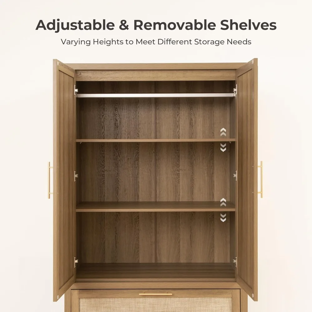 خزانة تخزين كبيرة لخزانة الملابس من الروطان بطول 71 طويلًا مع أبواب وأدراج وقضيب تعليق، منظم على الطراز البوهيمي