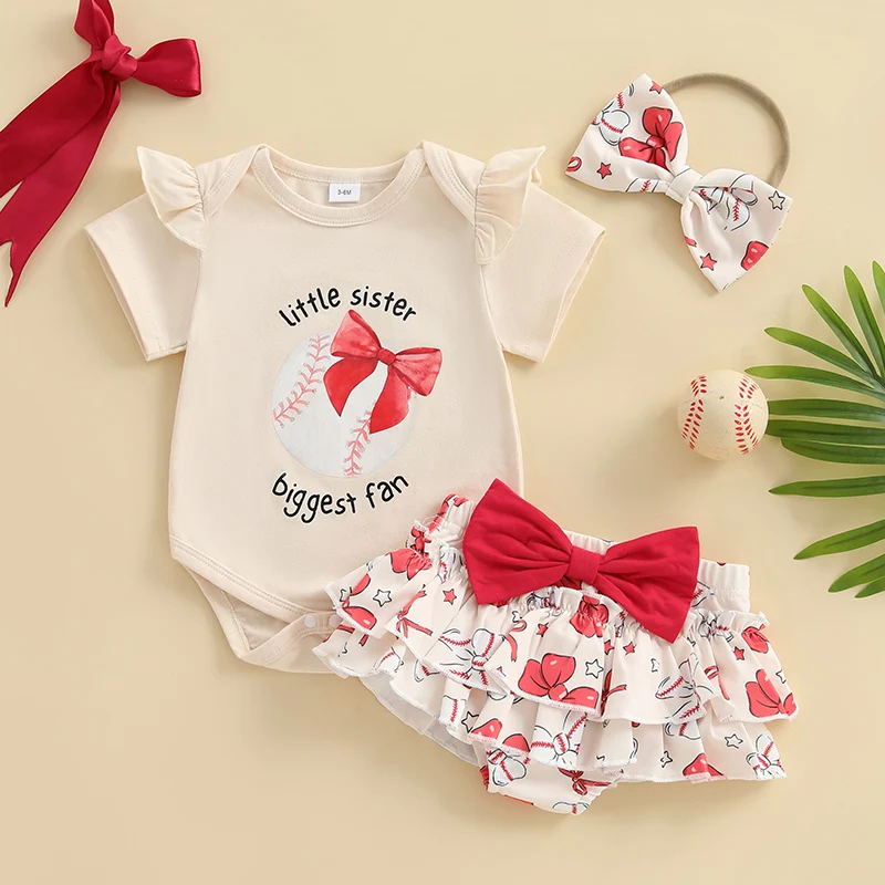 طفلة الصيف الزي البيسبول إلكتروني القوس طباعة قصيرة الأكمام رومبير تكدرت تنورة وعقال القوس مجموعة 3 قطع #2