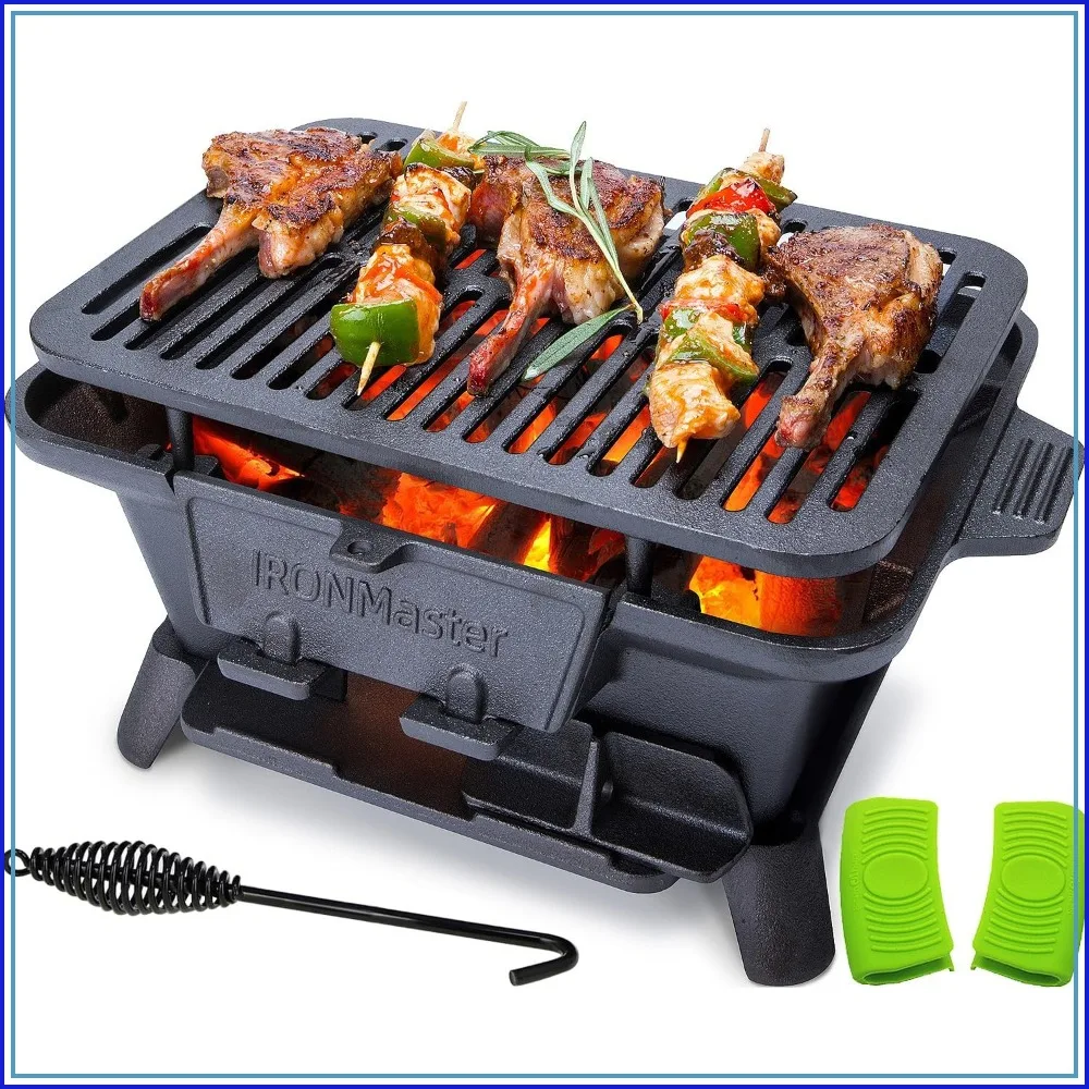 

Portable Charcoal Grill, Pre-Seasoned Cast Iron, Japanese Yakitori Camping Grill - 2 Heights, Air Control, Ideal for 2 People