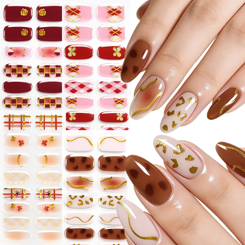 

4pcs Leopard Print Semi-cured Gel Nail Stripes Fall Winter Dark Color Checkerboard Plaid Design UV Lamp Gel Nail Wrap Nail Decal