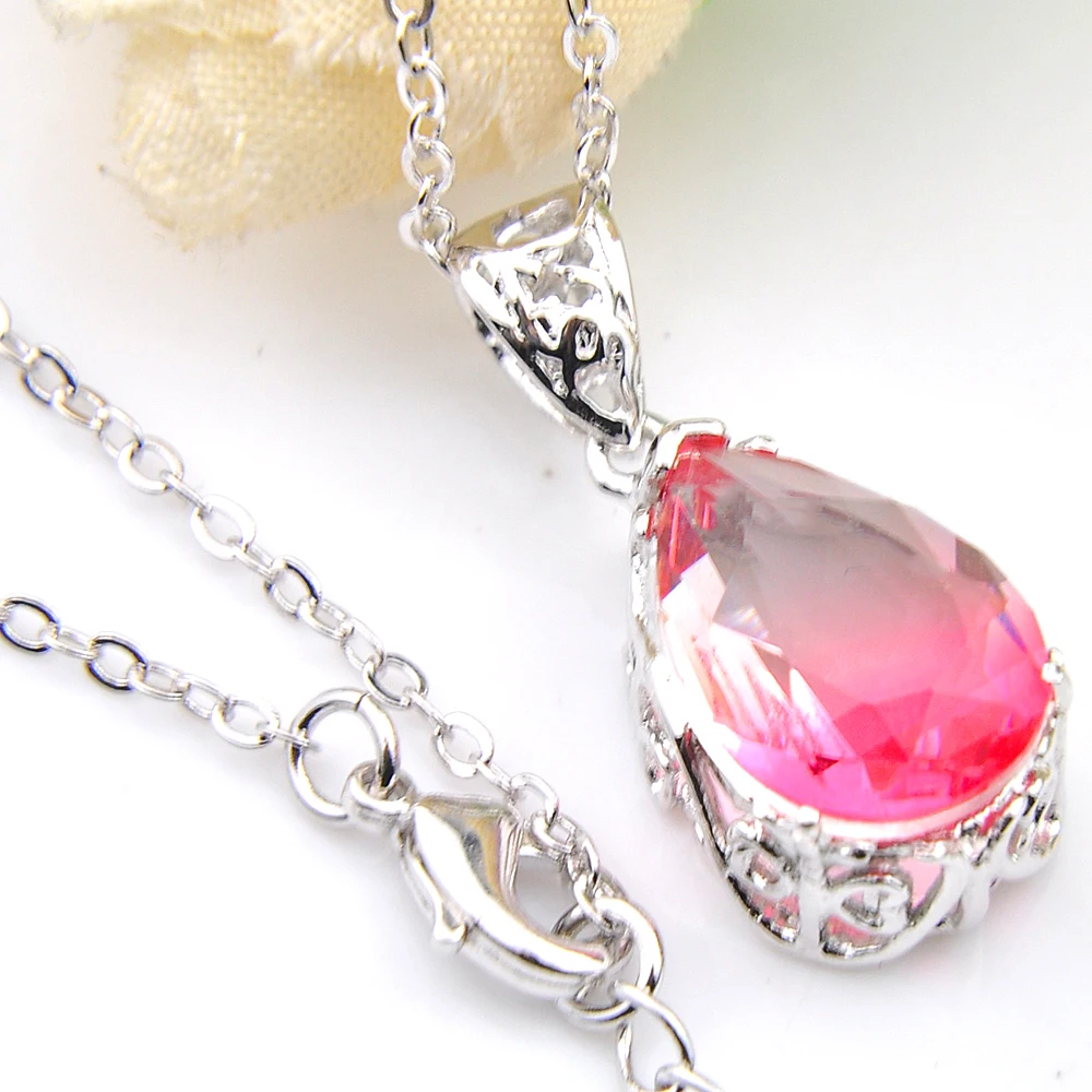 Luckyshine Classic Teardrop Pink White Fire Mystic Tourmaline Gemstone Silver Pendant Necklace for Holiday Gifts