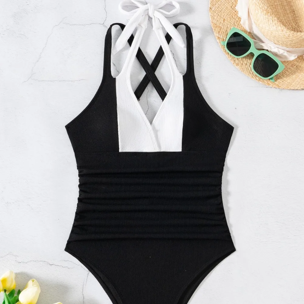 Set bikini Cuscino per il torace Nessun supporto in acciaio Costume intero da donna alla moda con blocco del colore, coulisse in vita