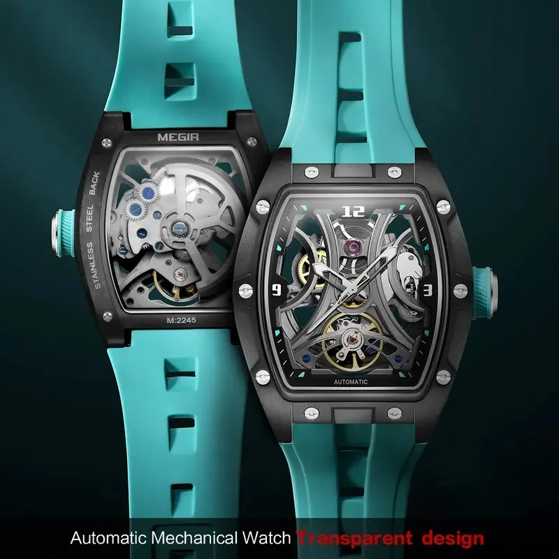 MEGIR Men's Sports Style Automatic Mechanical Watch Full Hollow Transparent Dial Stainless Steel Case Silicone Strap