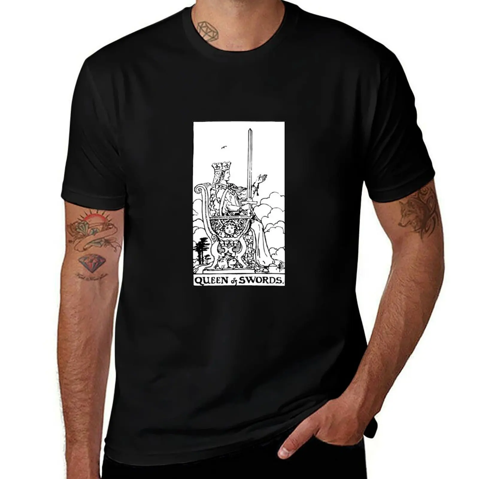 

Rider-Waite's Queen of Swords black and white T-Shirt man t shirt summer t shirts for man cotton funny T-Shirt