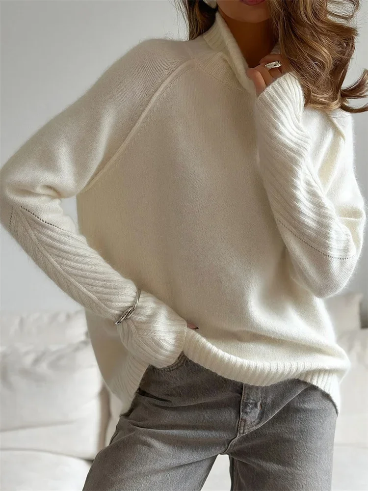 Casual Loose Ribbed Patchwork Autumn Women Knitwear Pullover Turtleneck Top Fashion White Ladies Knit Pullover