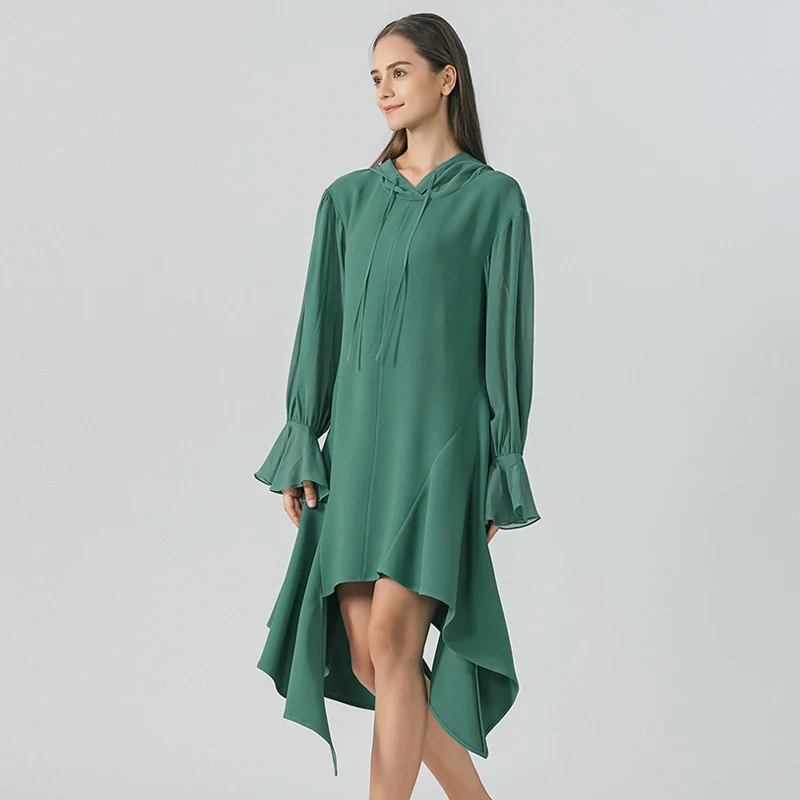 

60 Momme Heavyweight Mulberry Silk Turquoise Green Dress Hooded Georgette Flared Long-sleeved Silk Dresses Women AE1703