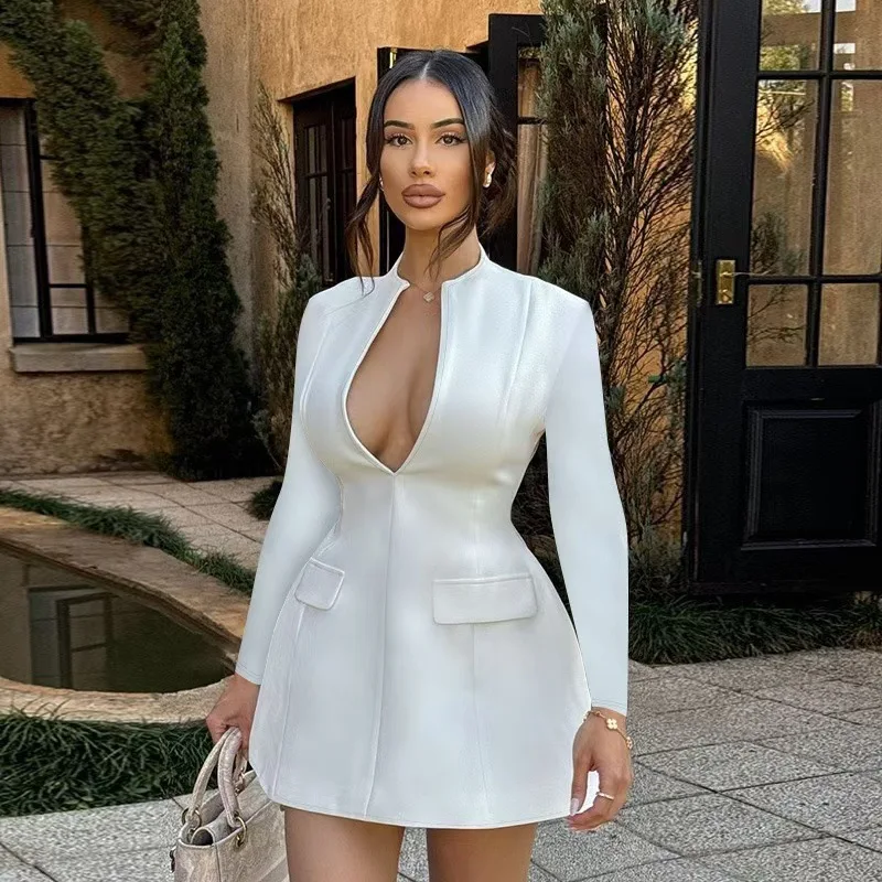 Elegante Frauen Korsett Blazer Kleid Herbst Büro Dame Sexy Tiefem V-ausschnitt Hohe Taille Langarm A-line Mini Kleid mit Tasche