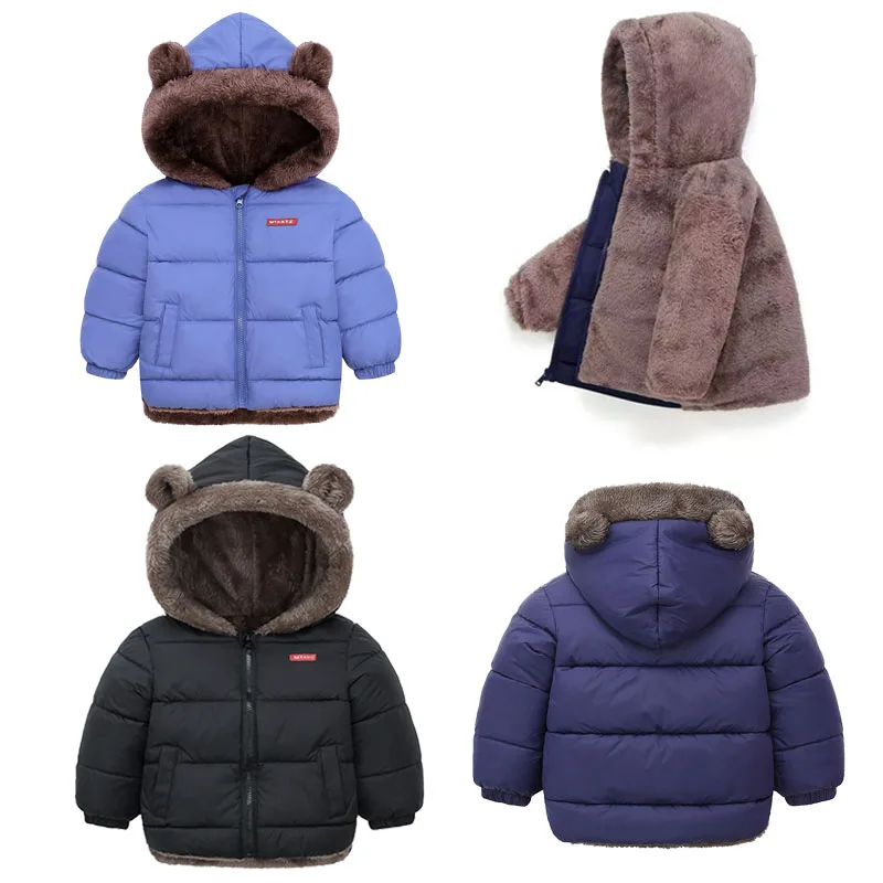 Boys Plus Velvet Down Coat Girls Thick Fur Hooded Jackets Kids Winter Warm Fashion Outerwear Autumn Children Casual Clothes