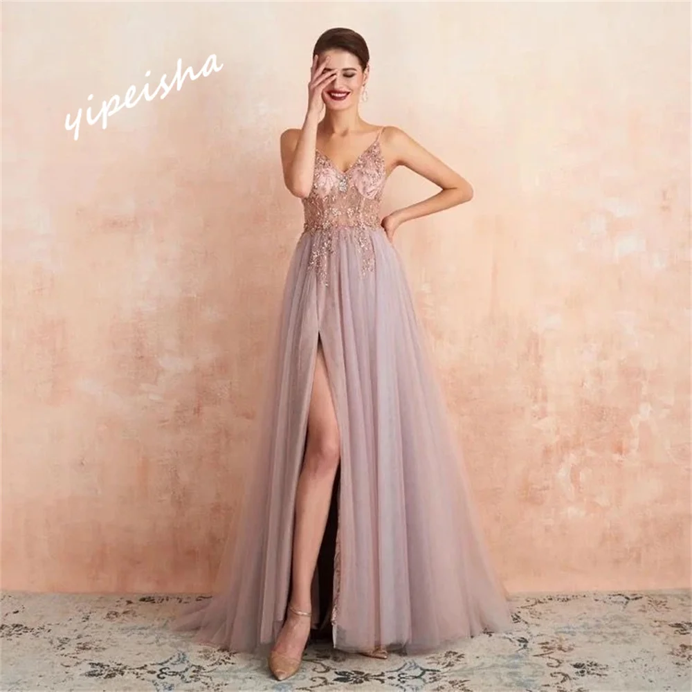 Yipeisha Prom Dress Exquisite Spaghetti Strap A-line Floor Length  Dresses Rhinestone Beading Tulle Customized 