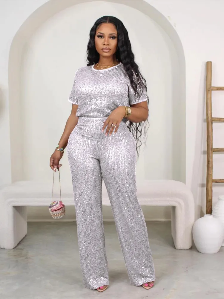 Spring Summer Two-piece Solid Color Short-sleeved Round Neck Bright + Wide-leg Pants Suit Casual Commuting Daily 2-pieces Set