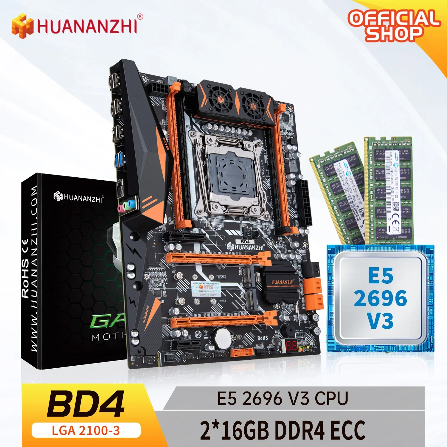 HUANANZHI X99 BD4 LGA 2011-3 XEON X99 Motherboard with Intel E5 2696 v3 with 2*16G DDR4 RECC memory combo kit set NVME NGFF