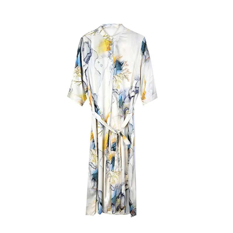 Women Chic Tie Dye Hand-Painted Dresses Summer Fashion Loose Chiffon Short Sleeve Pullovers Temperament Lady Elegant Clothes