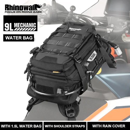 Imagen 1 del producto Bolsa de depósito para motocicleta Rhinowalk, mochila versátil de 9L con cubierta para lluvia y bolsa de agua de 1,5 l, sistema MOLLE, multicompartimento Universal
