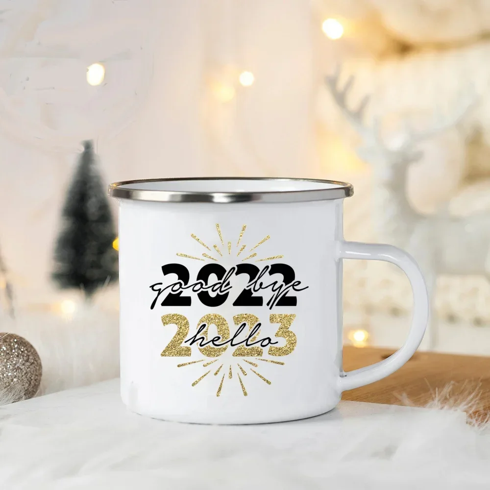 Fall New Year's Party Wine Mug Happy New Year Printing Enamel Mugs Coffee Cups Dessert Cocoa Handle Cup Gifts for Family Friends