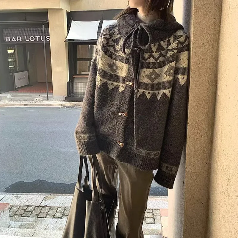 

Knit Cardigan Women Print Hooded Single Breasted Sweaters Casual Thick Vintage Hoodies Jumpers Office Lady Winter Warm