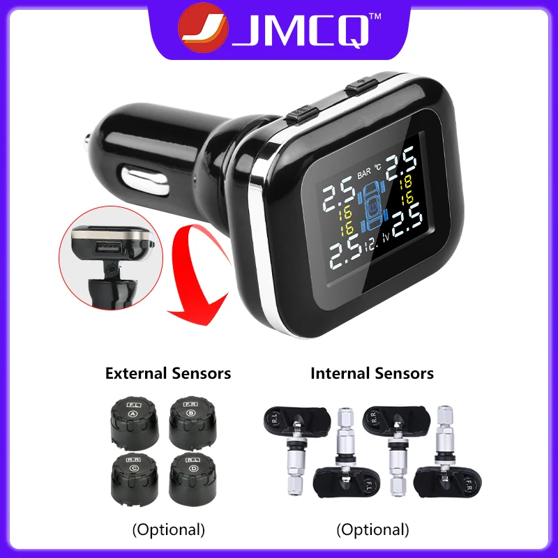 JMCQ Car TPMS Cigarette Lighter Tire Pressure Monitoring System Sensors Auto Security Tpsm Sensor Adjustable Display Angle