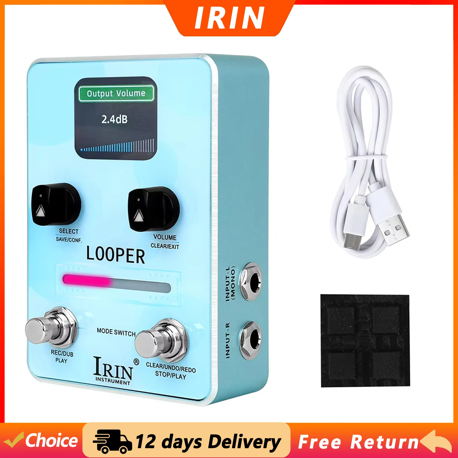 IRIN XS-02 Looper Effect Pedal 44.1kHz 16bit Guitar Looper Pedal 40 Looper Storage Positions 160 Minutes Total Recording Time