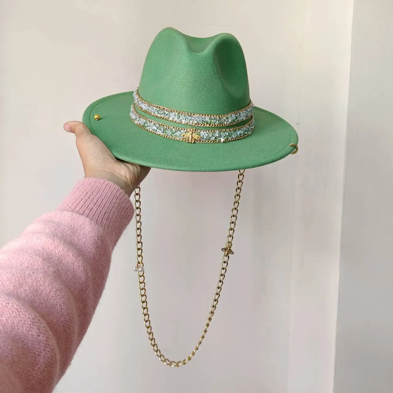 Fedora Hats Punk Pearl Chain DIY Green Hats Support Various Hats Customized Punk Hats for Men and Women Gorras para hombres