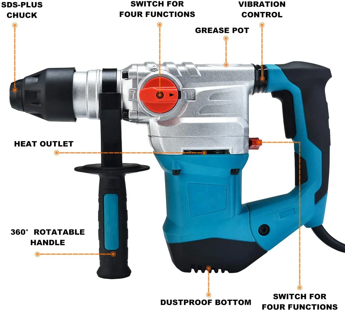 1-1/4 Inch SDS Plus 13 Amp Corded Electric Heavy Duty Rotary Hammer Percussion Drill for Concrete