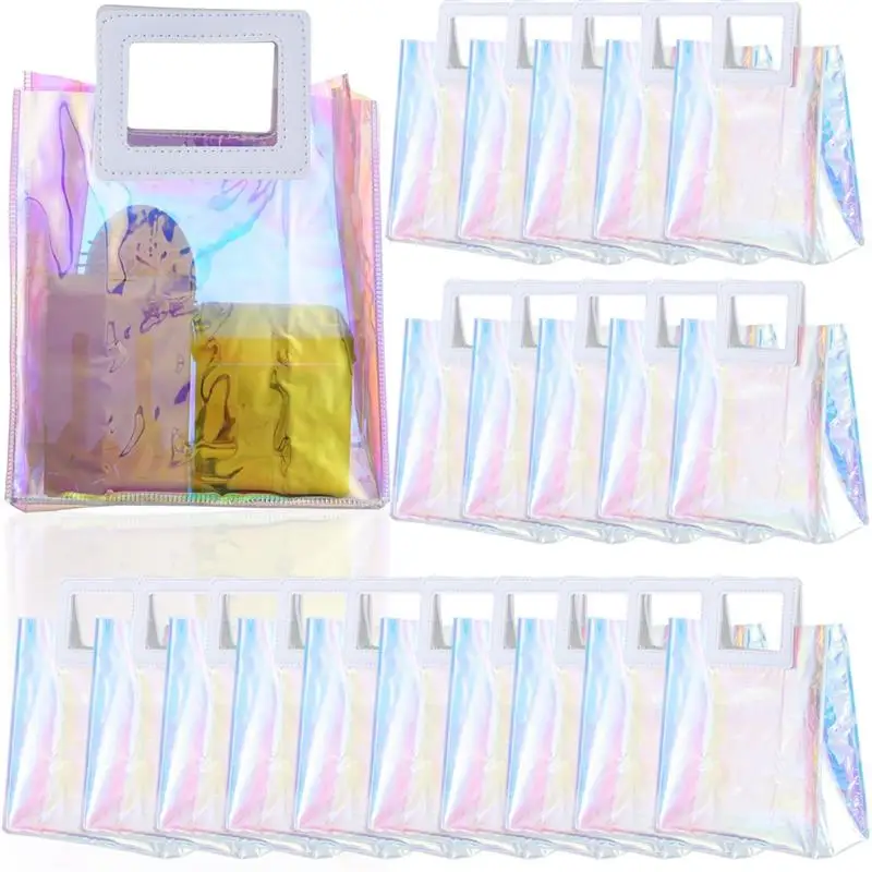 

20PCS Clear Holographic Tote Bags 7 X 4 X 8 Reusable Iridescent Tote Gift Bags For Women Clear PVC Tote Bags Clear PVC Tote Bags