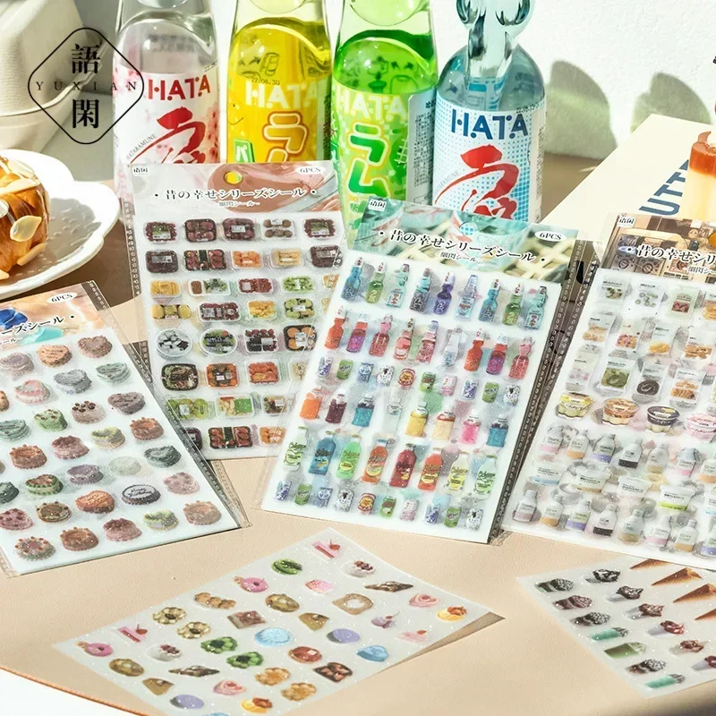 6pcs One Lot Vintage Snacks Fruits Shop Decorative Stickers for Scrapbooking Kawaii Journal Sticker Stationery