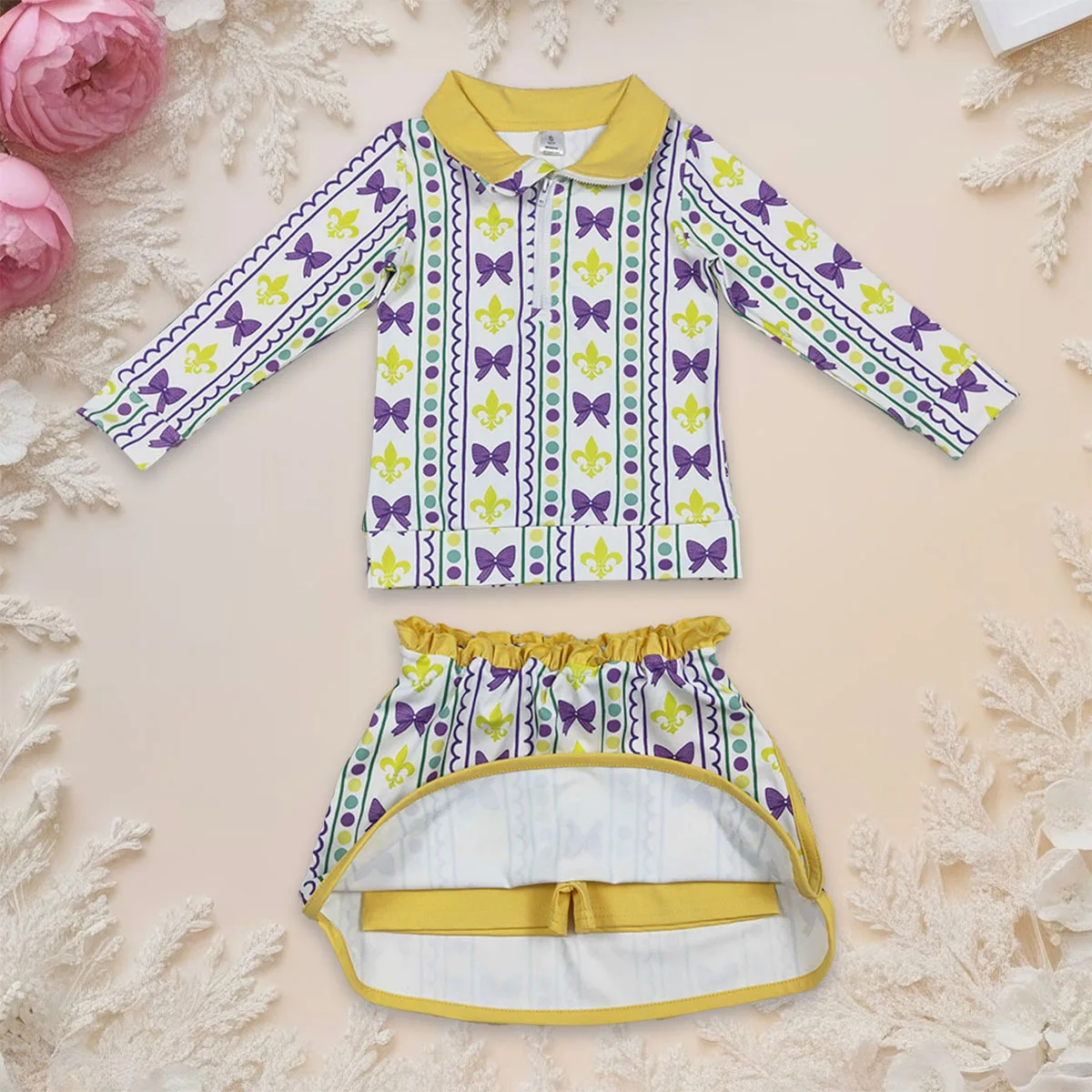 

Toddler Baby Girl Long Sleeve Anchors Bows Zipper Top Mardi Gras Skirt Skorts Set Yoga Active Kids Children Outfit Wholesale