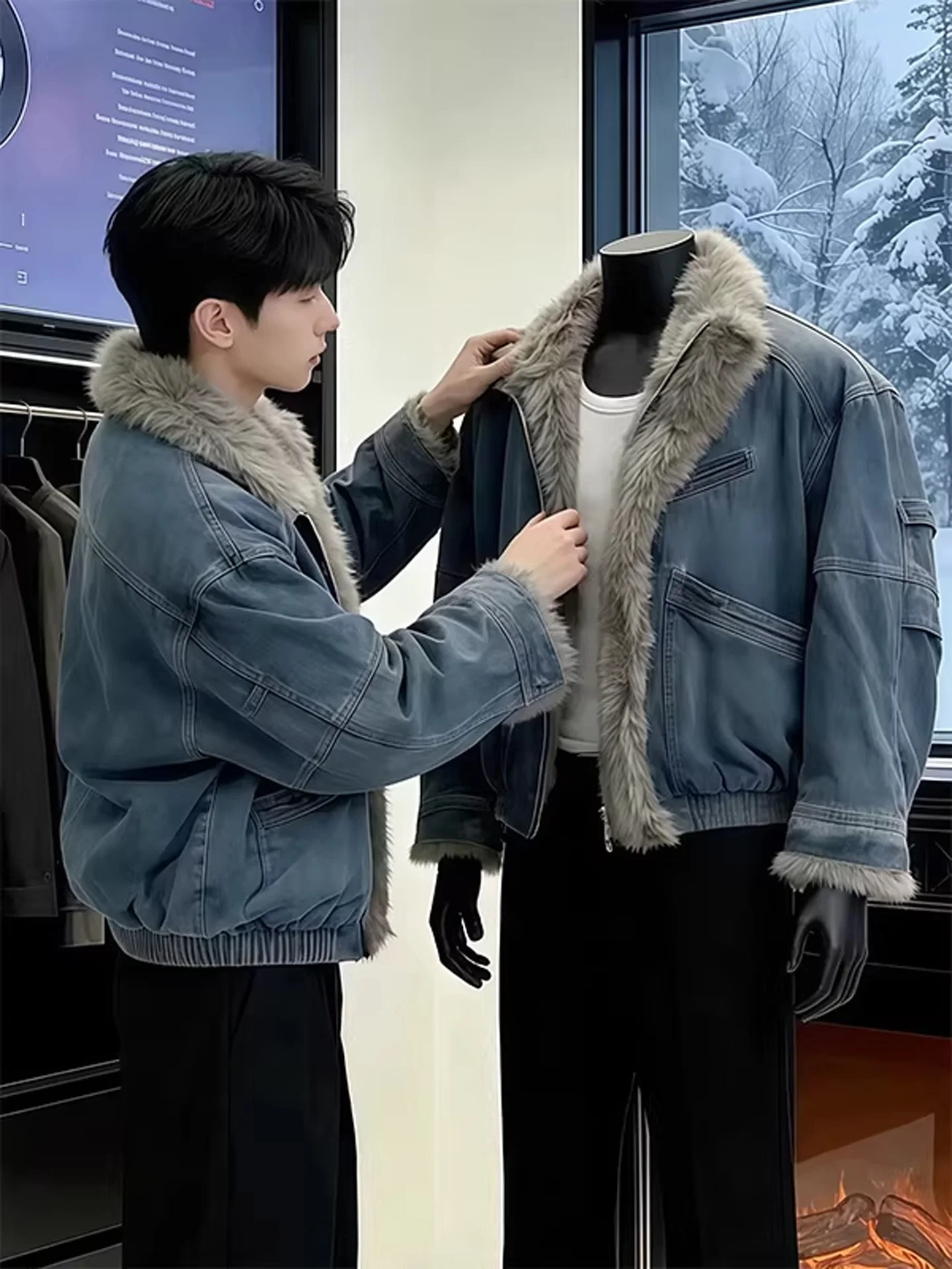 

American Sle Thiened Lamb Fur Men's Denim Cotton Jaet Winter Warm ort Sle Mountain Eagle Pattern Casual Outerwear