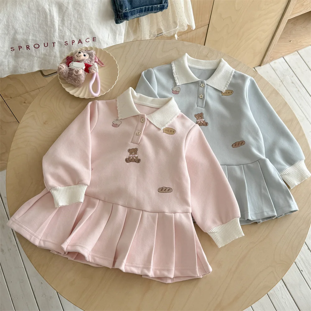 One-piece Sporty Hoodie Dress for Baby Girl Polo Cartoon Bear Long Sleeve Pullover Dress Autumn/Spring Loose Clothing Casual
