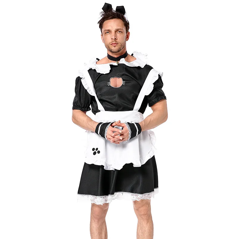 Men\'s Short Sleeve Satin French Maid Uniform Crossdressing Sissy Lingerie Fancy Dress Japanese Anime Cat Maid Outfits for Men