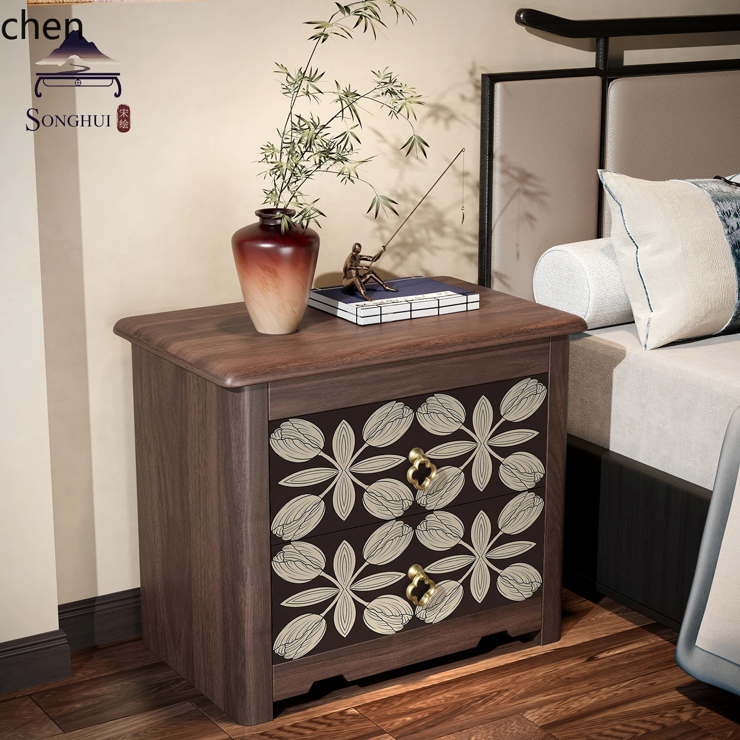 HT New Chinese Style Bedside Table Drawer Wall-Mounted Storage Cabinet Song Dynasty Aesthetic Decorative Cabinet Customization