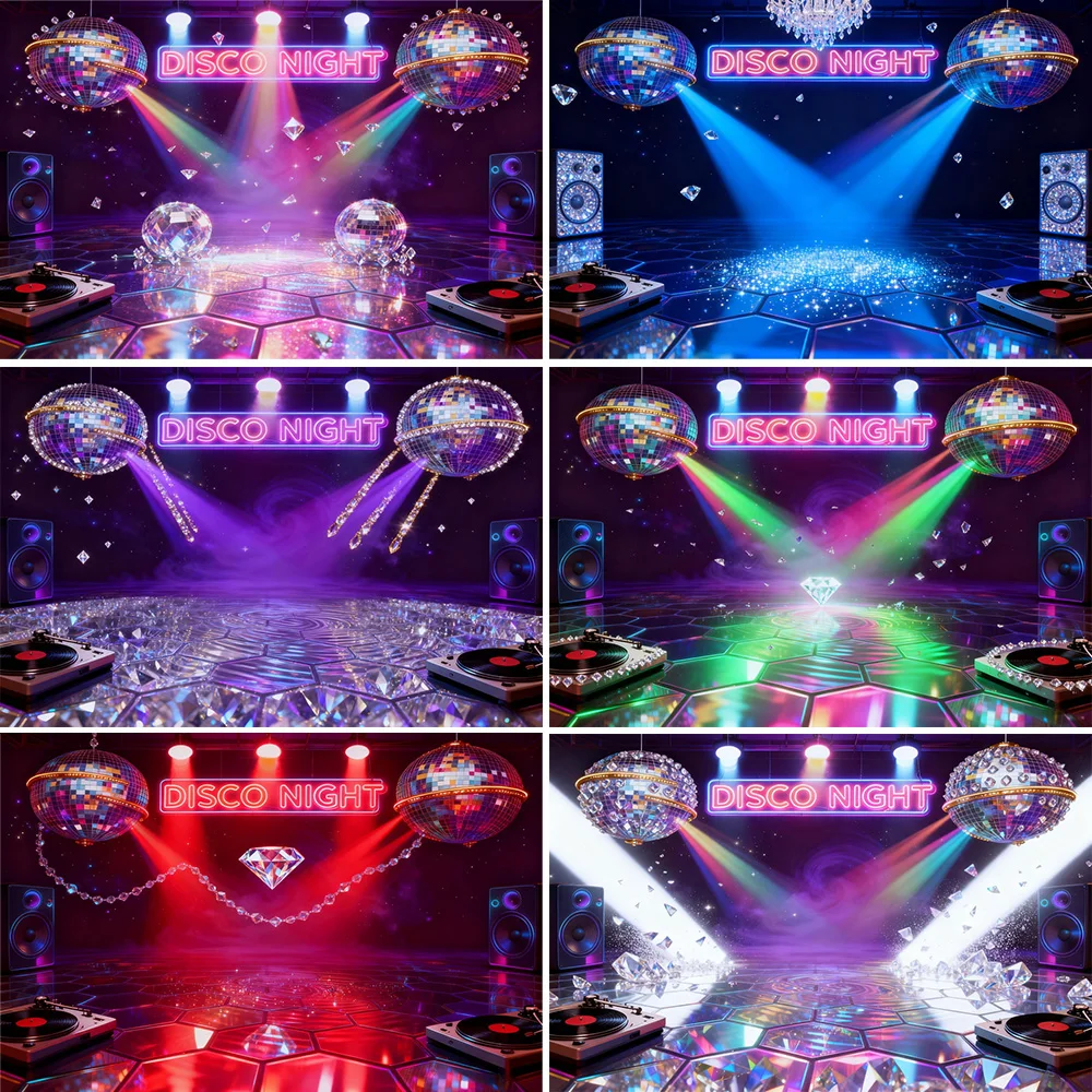 Happy Birthday Disco Night Design Vinyl Backdrop Background with Disco Ball Neon Lights Diamond Decor Turntable