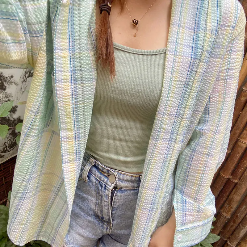 Mint Green Mambo Plaid Shirt Women's Summer 2024 New Thin Sunscreen Long Sleeve polo Collar Loose Slim Sunscreen