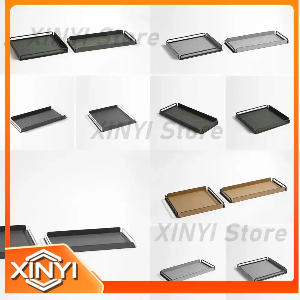 Modern Luxe Metal and Leather Geometric Tray for Desktop Organizer Decorative Display Piece for Model Room and Sales Office