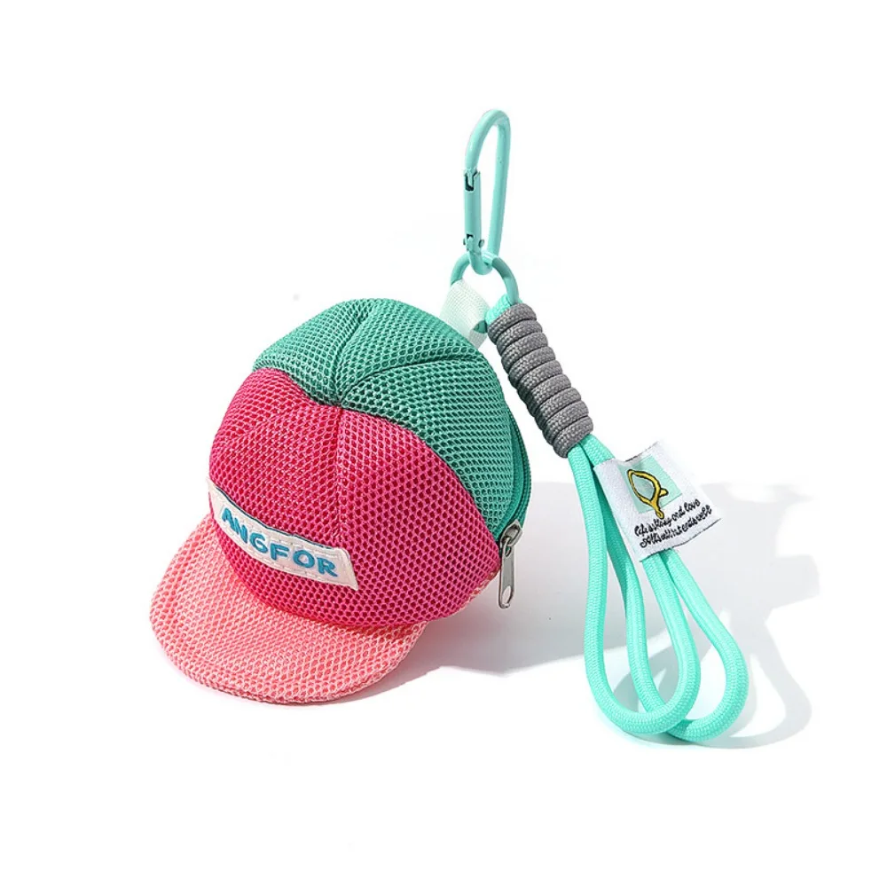 Keychain Hat Shape Coin Purse with Handle Rope Decorative Portable Wallet Bag Zipper Closure Anti Loss Creative Hat Mesh Pouch