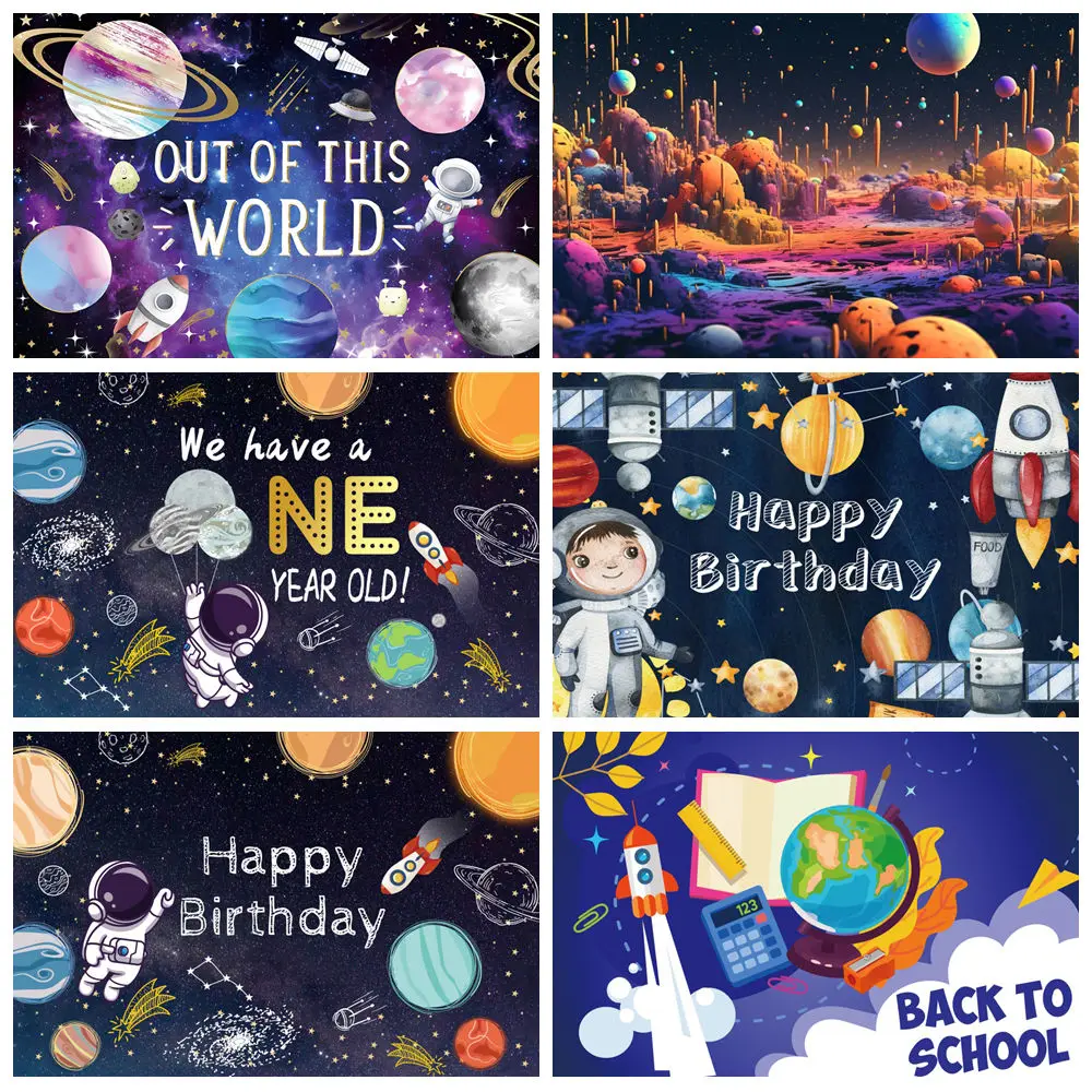 Universum Astronaut Fotografie Hintergrund Galaxy Raumschiff Rakete Planet Baby Geburtstag Party Baby Dusche Hintergrund Foto Studio