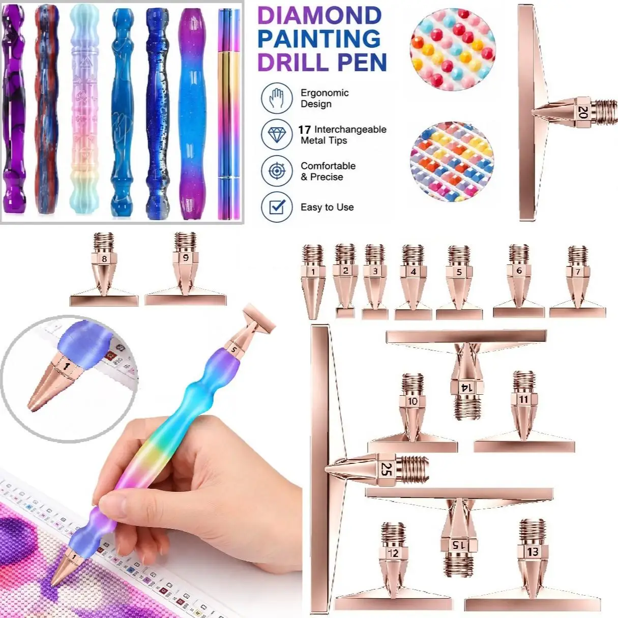 Different Models of Rose Gold Stainless Steel Diamond Painting Pen Tips, Pen Nibs, DIY Diamond Painting Tool Accessories, Ergonomic Multifunctional 5D Threaded Interface Diamond Painting Pen Tips