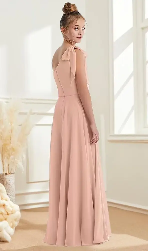 فساتين وصيفة الشرف للصغار بكتف واحد للفتيات المراهقات من الشيفون لفتاة الزهور وحزام ربطة عنق #4