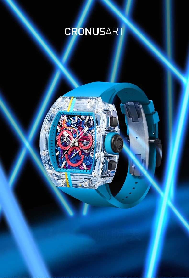 CRONUSART Orologio cronografo da uomo 50MM Tonneau Orologio da polso meccanico Cassa in zaffiro Cinturino in gomma fluorurata luminosa Grandi finestre triple