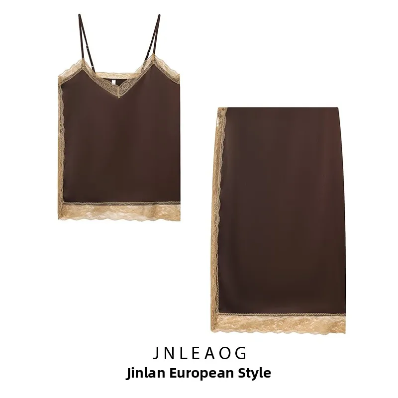 Faionable Top in pizzo con trama in raso di seta e gonna longuette Set Abbigliamento da donna Autunno Nuovo abito a due pezzi dal design Sle Ele