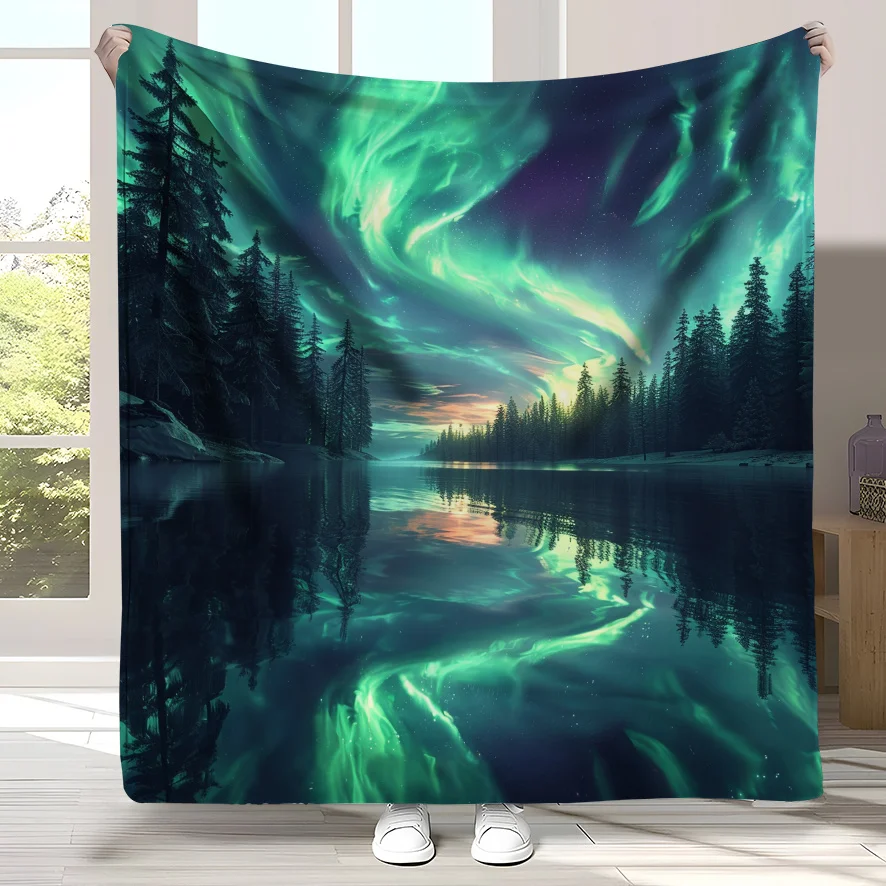 Aurora Borealis Flannel Blanket, Cozy All-Season Throw with Stunning Northern Lights Design, Soft Bed or Sofa Decor Blanket