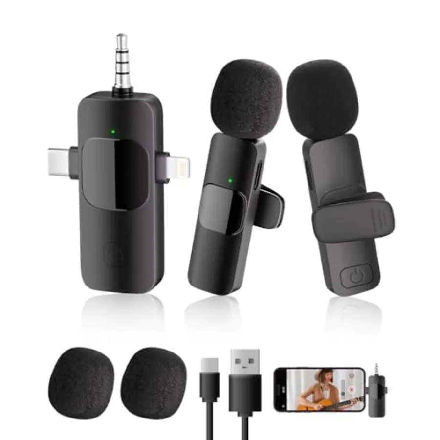 

3in1 Wireless Lavalier Microphone for iPhoneAndroidmini Microphone for Camera mini mic with Noise Cancellation Plug Play Long B